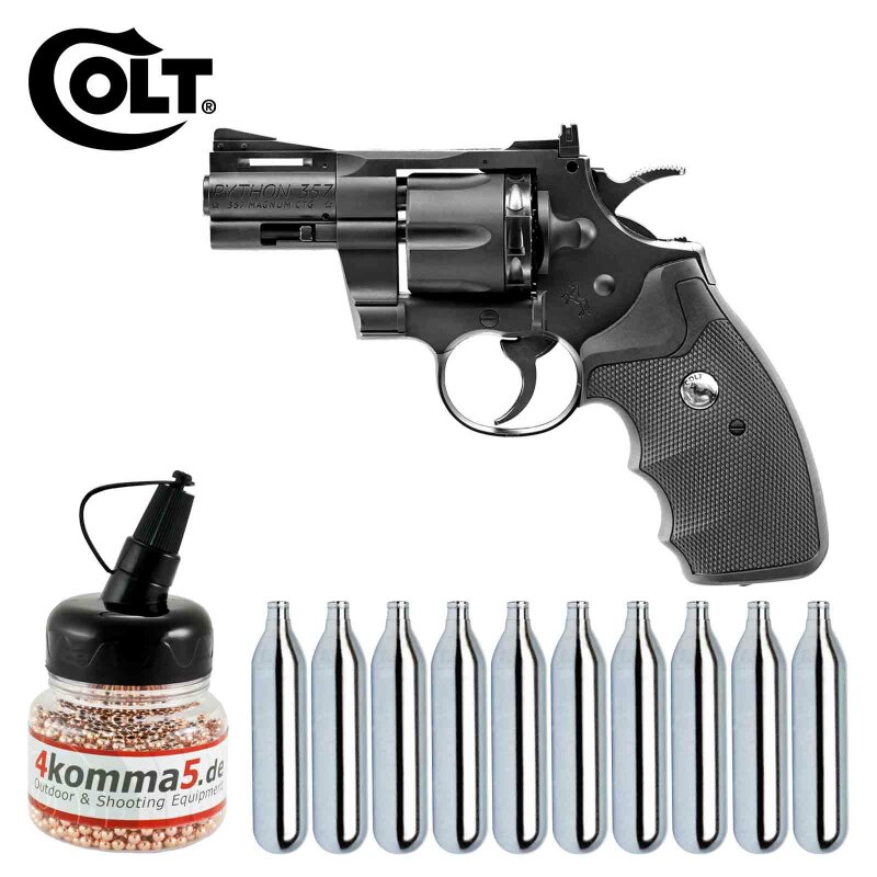 Komplettset Colt Python 2,5" Lauflänge 4,5 mm Diabolos / Stahl BB Co2 Revolver (P18) + 10 Co2-Kapseln + 1500 Stahl-BBs 4komma5