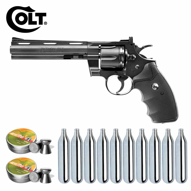 Luftpistolenset Colt Python 6" Lauflänge 4,5 mm Diabolos / Stahl BB Co2 Revolver (P18) + 1000 Diabolos + 10 Co2-Kapseln