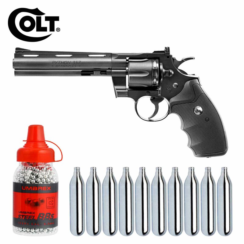Komplettset Colt Python 6" Lauflänge 4,5 mm Diabolos / Stahl BB Co2 Revolver (P18) + 10 Co2-Kapseln Umarex + 1500 Stahl-BBs Umarex