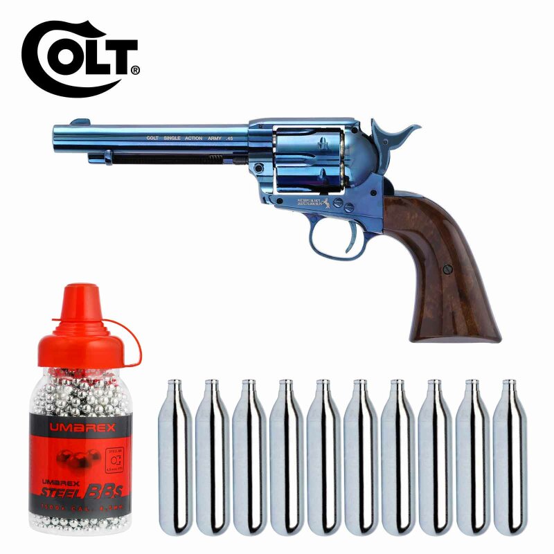 Komplettset Colt Single Action Army® 45 blue Co2-Revolver Kaliber 4,5 mm BB (P18) + 10 Co2-Kapseln Umarex + 1500 Stahl-BBs Umarex