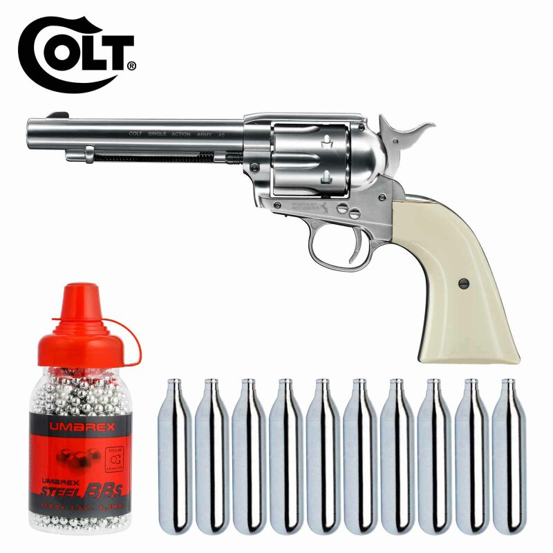 Komplettset Colt Single Action Army® 45 nickel Co2-Revolver Kaliber 4,5 mm BB (P18) + 10 Co2-Kapseln Umarex + 1500 Stahl-BBs Umarex