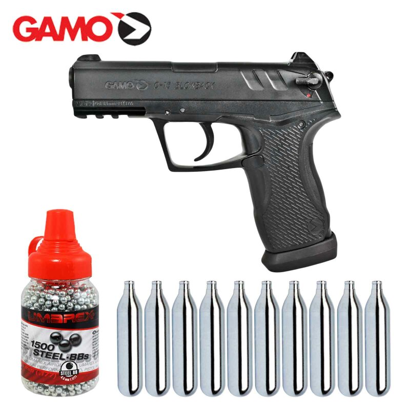 Komplettset Gamo C-15 Co2 Blowback Pistole 4,5 mm Diabolo / Stahl-BB (P18) + 10 Co2-Kapseln Umarex + 1500 Stahl-BBs Umarex