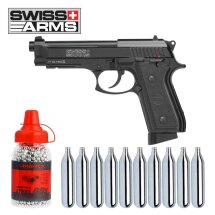 Komplettset Swiss Arms P92 Co2-Pistole Vollmetall Blowback 4,5 mm BB (P18) + 10 Co2-Kapseln Umarex + 1500 Stahl-BBs Umarex