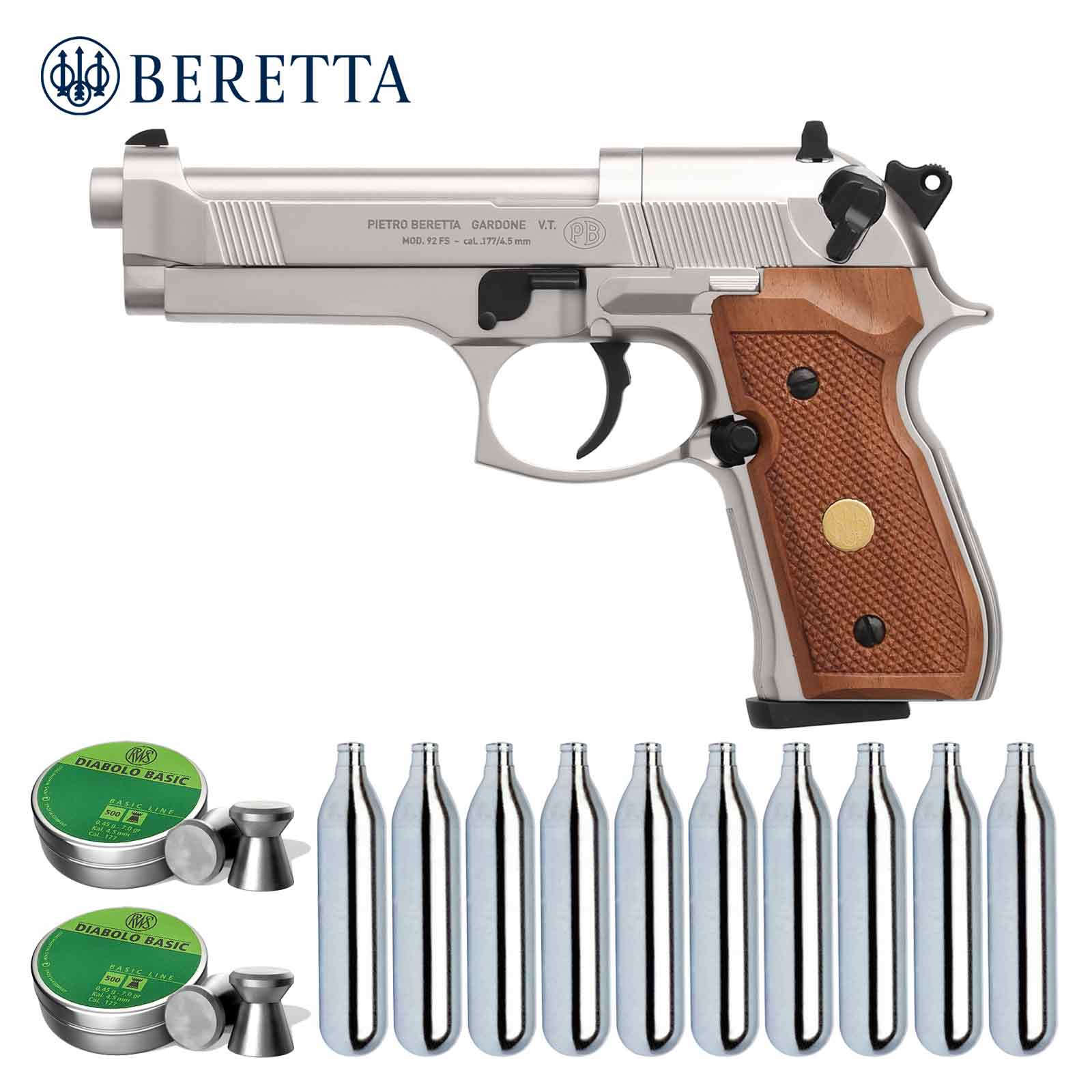 Luftpistolenset Beretta M 92 FS 4,5 mm Diabolo Nickel / Holzgriffscha
