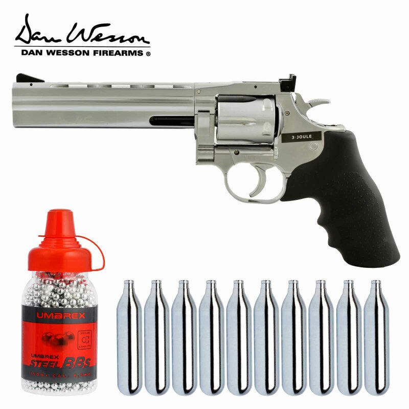 Komplettset Dan Wesson Co2-Revolver 715 Lauflänge 6" 4,5 mm Stahl BB Silber (P18) + 10 Co2-Kapseln Umarex + 1500 Stahl-BBs Umarex
