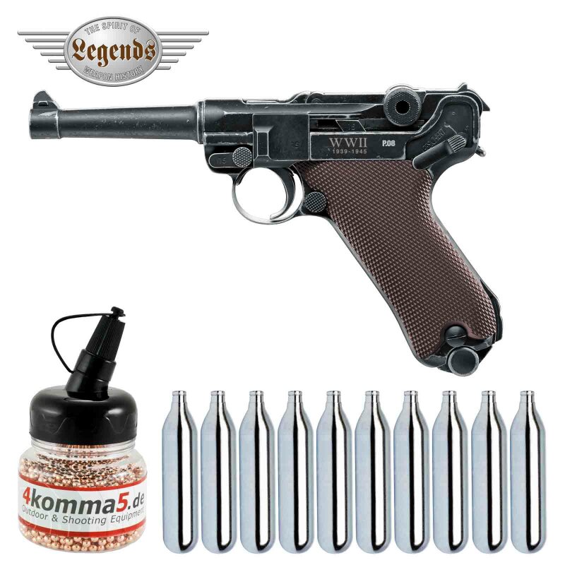 Luftpistolenset Umarex Legends P08 WWII Special Edition - 4,5 mm Stahl-BB Co2-Pistole mit Blowback (P18) + 10 Co2-Kapseln + 1500 Stahl-BBs 4komma5