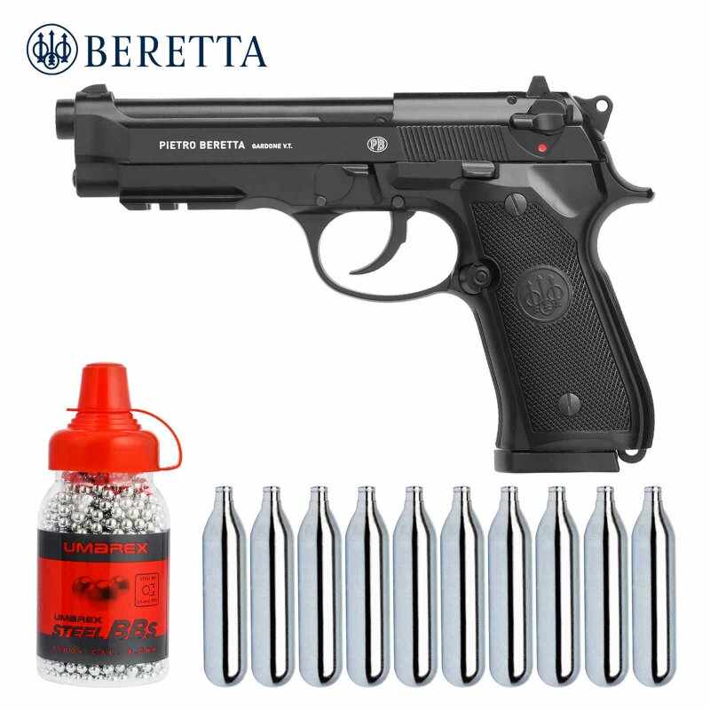 Komplettset Beretta M92A1 4,5 mm Stahl BB Co2-Pistole Blow Back (P18) + 10 Co2-Kapseln Umarex + 1500 Stahl-BBs Umarex