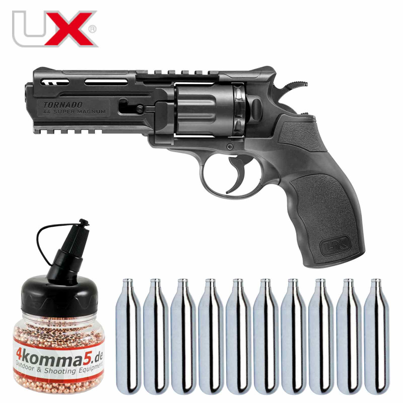 Revolverset  UX Tornado Co2-Revolver Kaliber 4,5 mm Stahl BB (P18) + 10 Co2-Kapseln + 1500 Stahl-BBs 4komma5