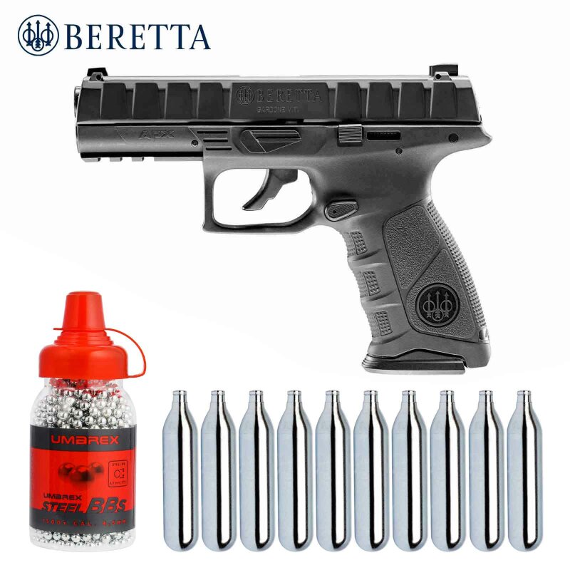 Komplettset Beretta APX Stahl BB Co2-Pistole 4,5 mm Blow Back (P18) + 10 Co2-Kapseln Umarex + 1500 Stahl-BBs Umarex