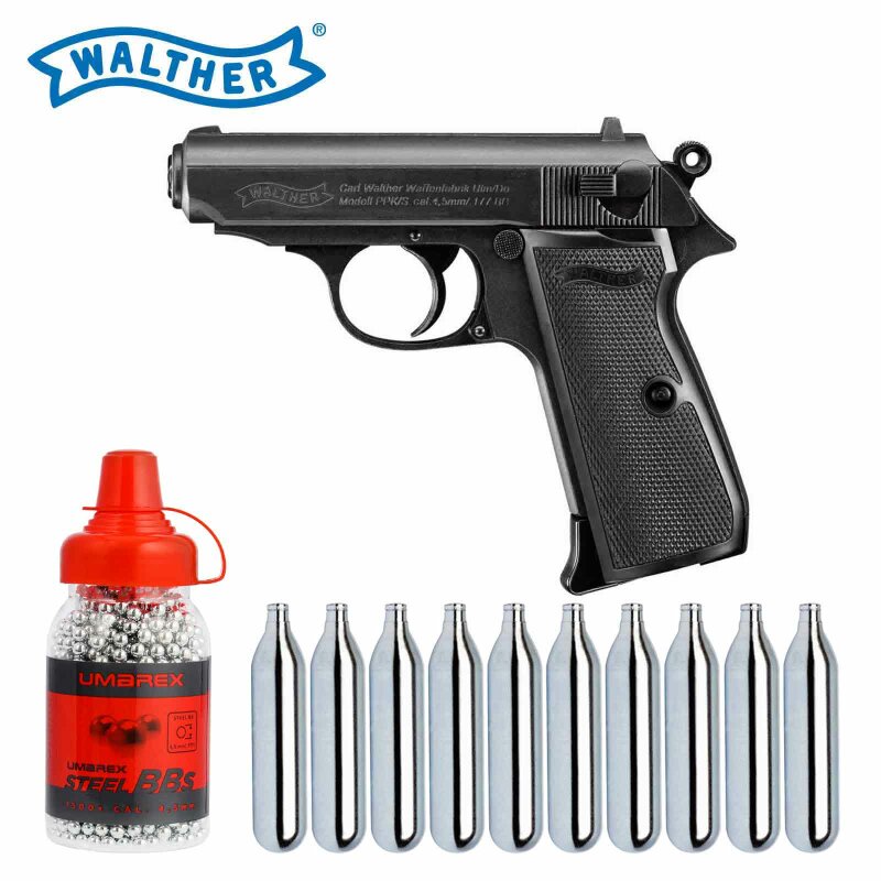 Komplettset Walther PPK/S Co2-Pistole Blow Back Kaliber 4,5 mm Stahl BB (P18) + 10 Co2-Kapseln Umarex + 1500 Stahl-BBs Umarex