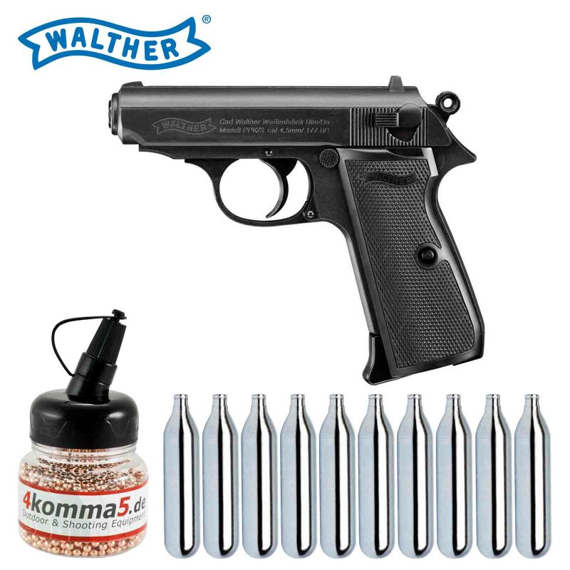 Luftpistolenset Walther PPK/S Co2-Pistole Blow Back Kaliber 4,5 mm Stahl BB (P18) + 10 Co2-Kapseln + 1500 Stahl-BBs 4komma5