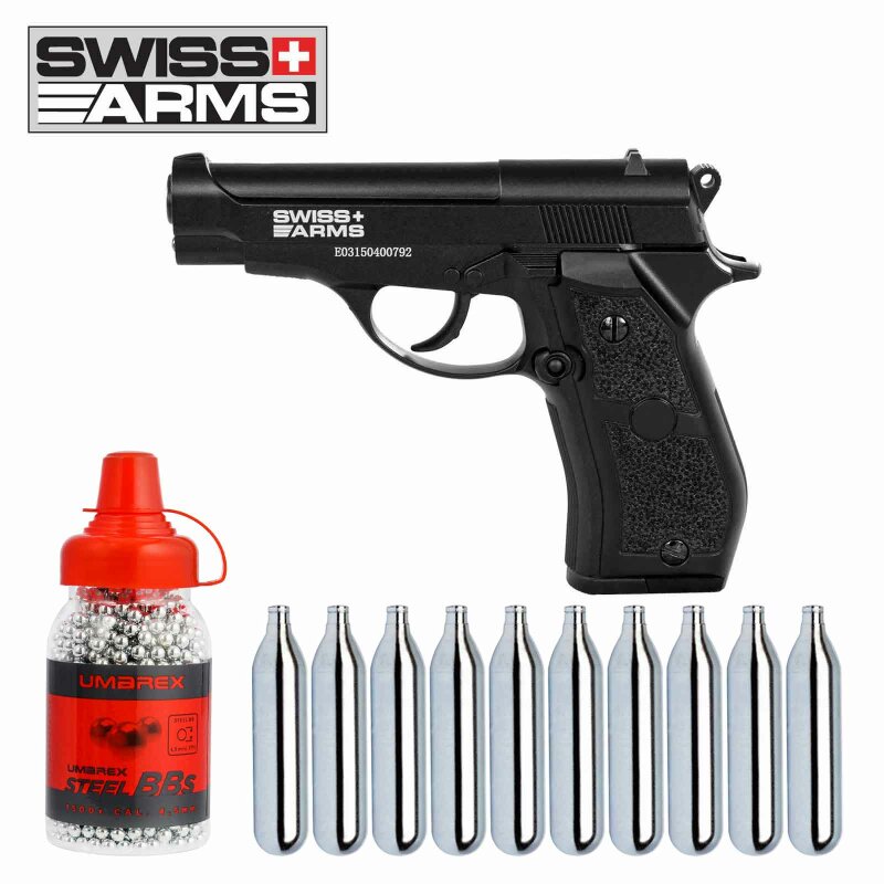 Luftpistolenset Swiss Arms P84 Co2-Pistole Kaliber 4,5 mm Stahl BB (P18) + 10 Co2-Kapseln Umarex + 1500 Stahl-BBs Umarex