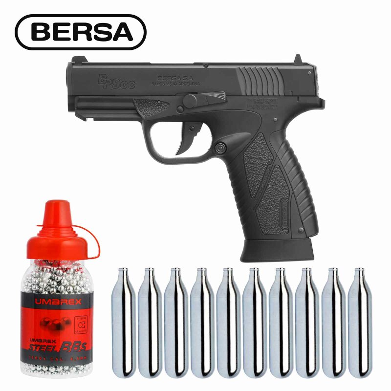 Komplettset Bersa BP9CC Co2-Pistole Kaliber 4,5 mm Stahl BB (P18) + 10 Co2-Kapseln Umarex + 1500 Stahl-BBs Umarex
