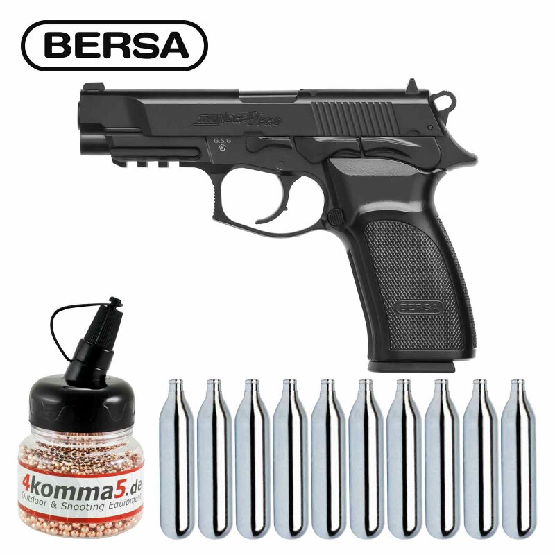 Luftpistolenset Bersa Thunder 9 Pro Co2-Pistole Kaliber 4,5 mm Stahl BB (P18) + 10 Co2-Kapseln + 1500 Stahl-BBs 4komma5