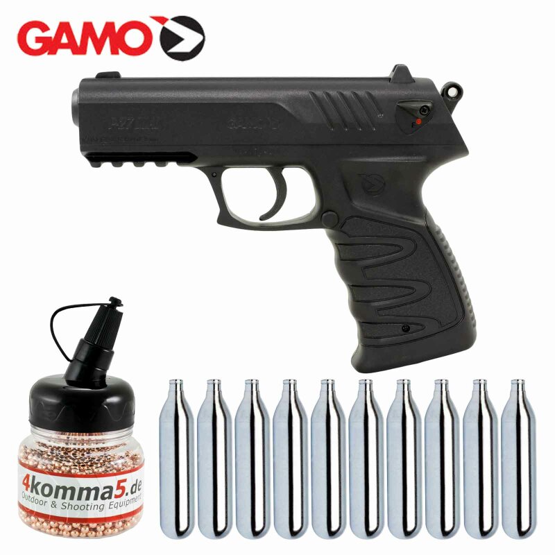 Komplettset Gamo P-27 Co2-Pistole 4,5 mm Diabolo / Stahl BB (P18) + 10 Co2-Kapseln + 1500 Stahl-BBs 4komma5