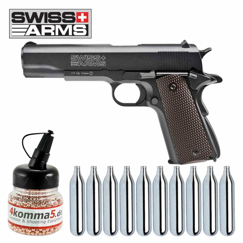 SET Swiss Arms P1911 Co2-Pistole Blow Back 4,5 mm BB (P18) + 4komma5 Stahl BBs + Co2-Kapseln