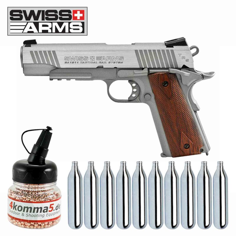 SET Swiss Arms P1911 Co2 Pistole braune Griffschalen Blow Back 4,5 mm BB (P18) + 4komma5 Stahl BBs + Co2-Kapseln