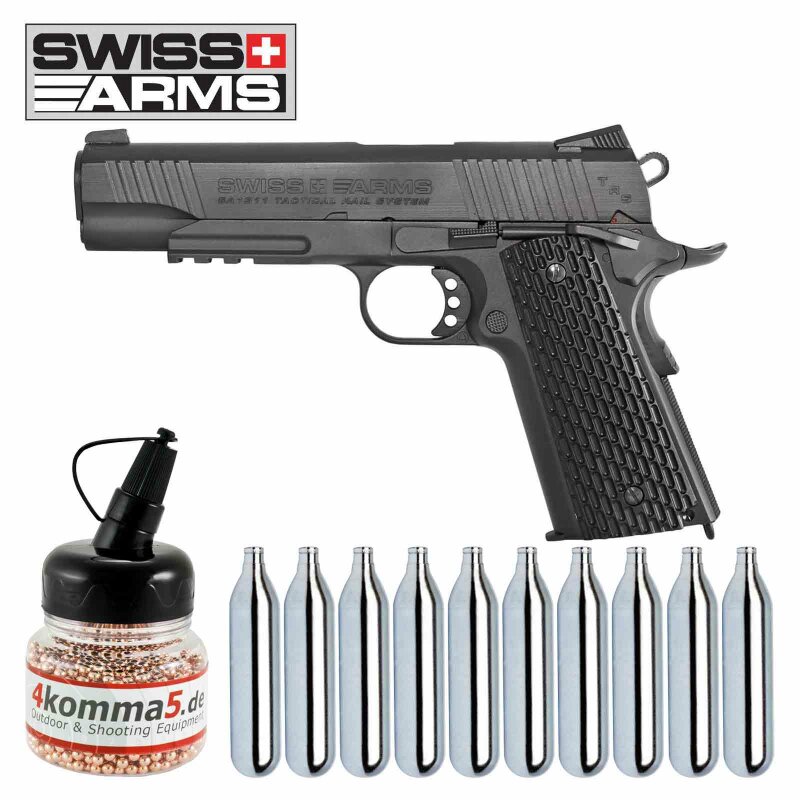 Swiss Arms 1911 TRS Vollmetall BAX System Co2 Pistole Blowback 4,5 mm BB (P18) + 4komma5 Stahl BBs + Co2-Kapseln