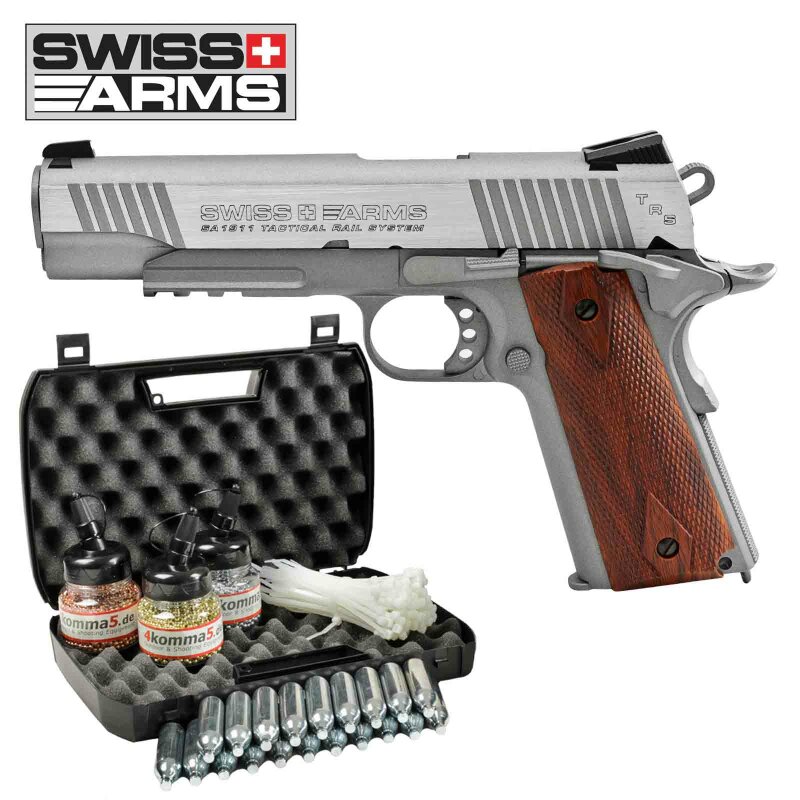 Kofferset Swiss Arms P1911 Co2 Pistole braune Griffschalen Blow Back 4,5 mm BB (P18)