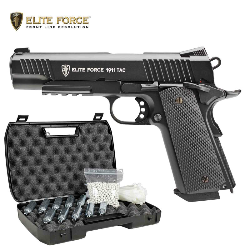 Komplettset Elite Force 1911 TAC Vollmetall Softair-Co2-Pistole Kaliber 6 mm BB Blowback (P18)