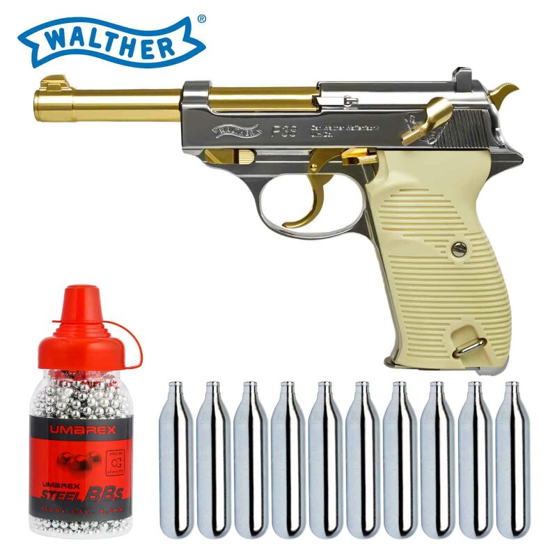 SET Walther P38 Gold - 4,5 mm Stahl BB Blow Back Co2-Pistole (P18)