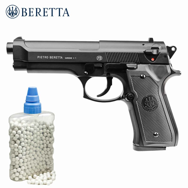 SET Beretta M92 FS Schwarz Metallschlitten Federdruck Softair-Pistole 6 mm BB (P14) + 800 BB