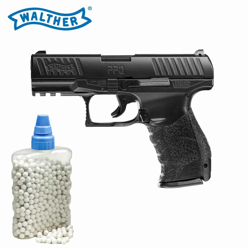 SET Walther PPQ Metallschlitten Schwarz Federdruck Softair-Pistole 6 mm BB (P14) + 800 BB