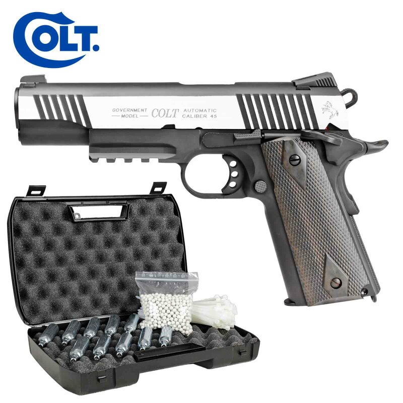 Komplettset Colt 1911 Railgun Bicolor Vollmetall Softair-Co2-Pistole Kaliber 6 mm BB Blowback (P18)