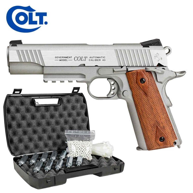 Komplettset Colt 1911 Railgun Stainless Vollmetall Softair-Co2-Pistole Kaliber 6 mm BB Blowback (P18)