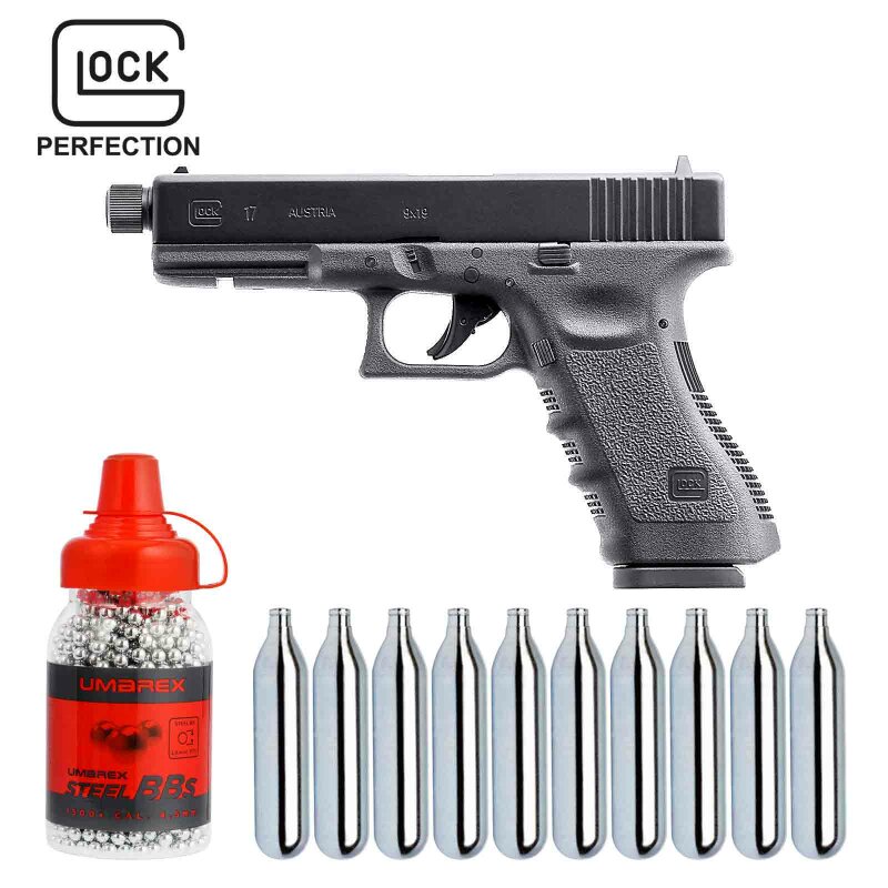 SET Glock 17  mit Laufgewinde Co2-Pistole Kaliber 4,5 mm Stahl BB / Diabolo Blowback (P18)