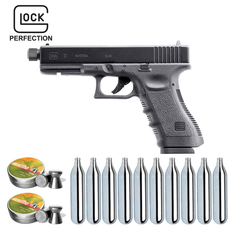 SET Glock 17  mit Laufgewinde Co2-Pistole Kaliber 4,5 mm Stahl BB / Diabolo Blowback (P18)