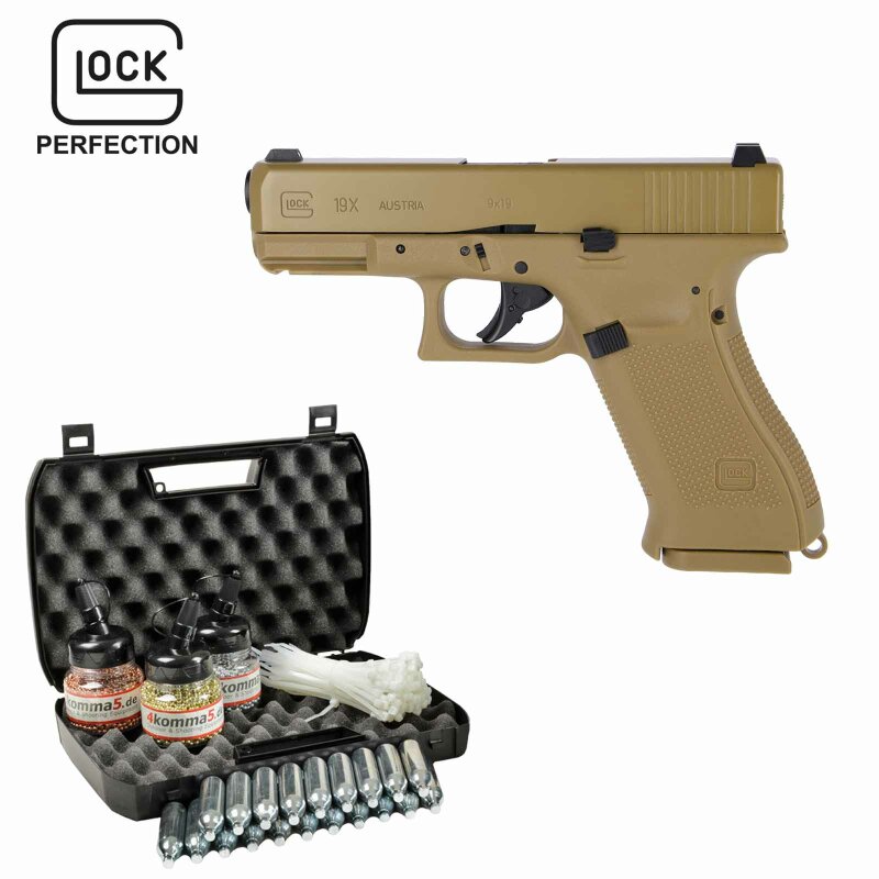 Kofferset Umarex Glock 19X Co2-Pistole Coyote 18 Schuss Blowback Kaliber 4,5 mm Stahl BB (P18)