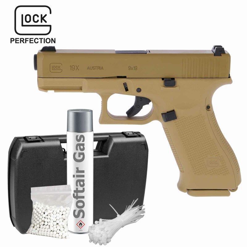 Komplettset Glock 19X Softair-Pistole Coyote Kaliber 6 mm BB  Gas Blowback (P18)