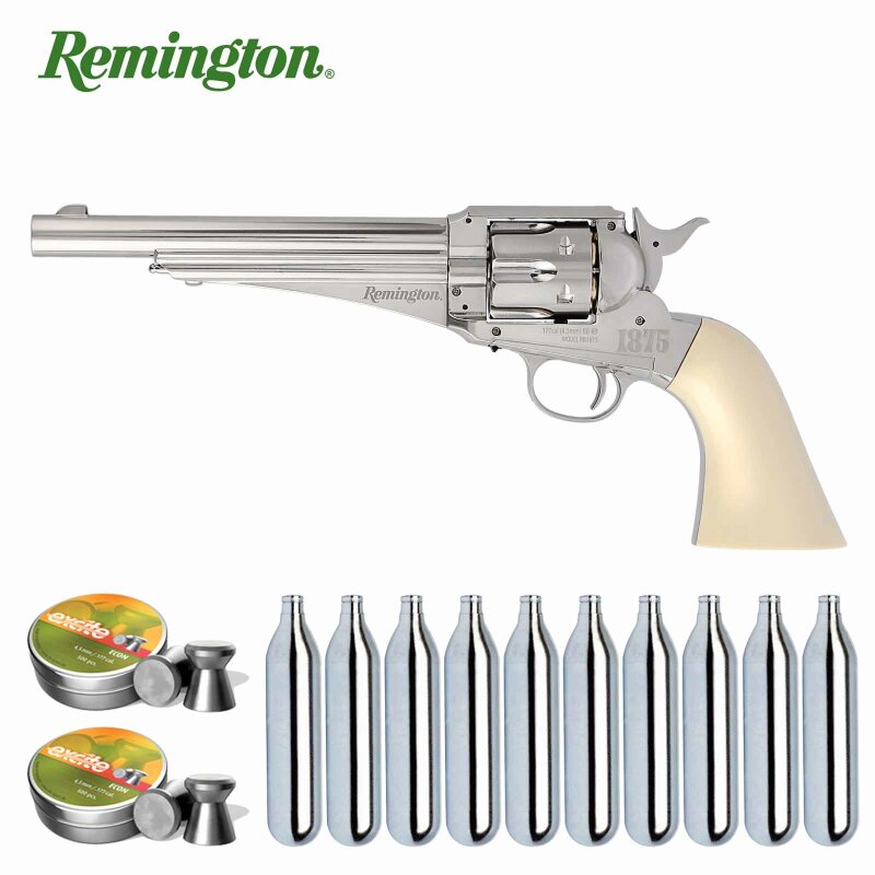 SET Remington Co2-Revolver 1875 Vollmetall Nickel / Elfenbein-Optik 4,5 mm Diabolo /Stahl BB (P18)