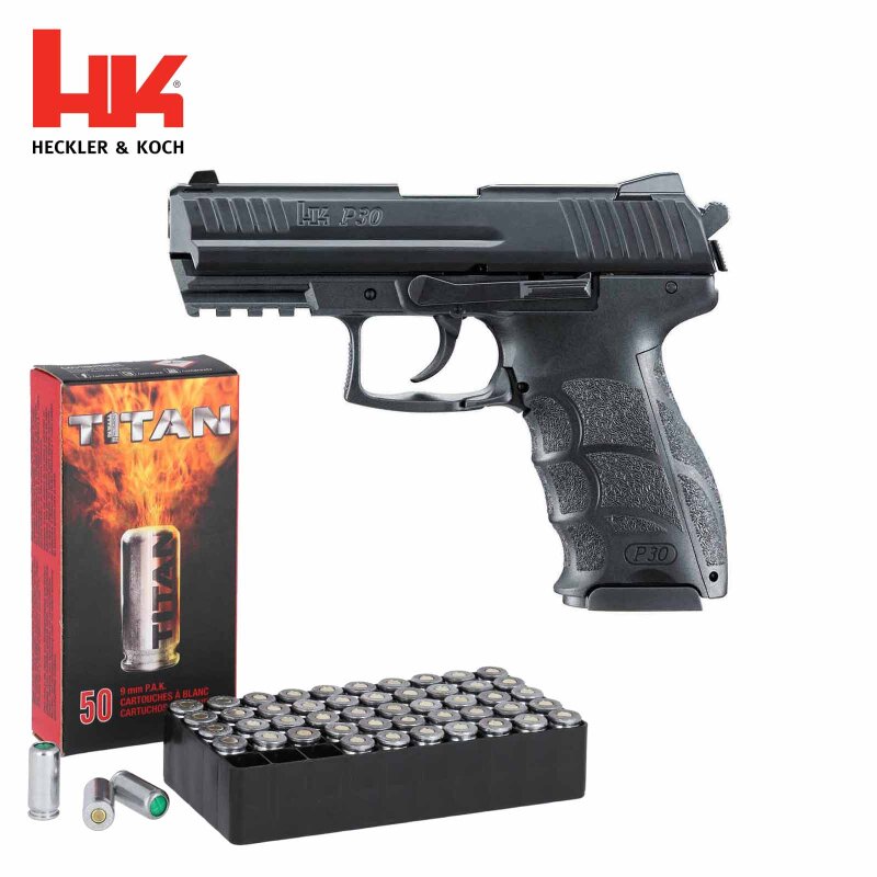 SET Heckler & Koch P30 Schreckschuss Pistole Schwarz 9 mm P.A.K. (P18) + 50 Platzpatronen 9 mm P.A.K.