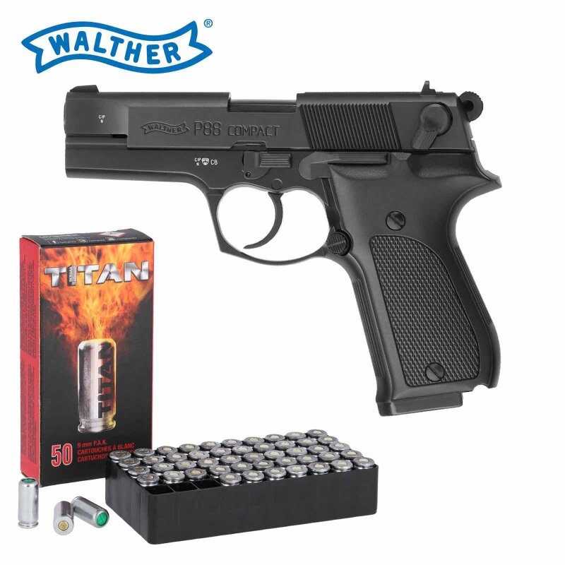 SET Walther P88 Schreckschuss Pistole Schwarz 9 mm P.A.K. (P18) + 50 Platzpatronen 9 mm P.A.K.