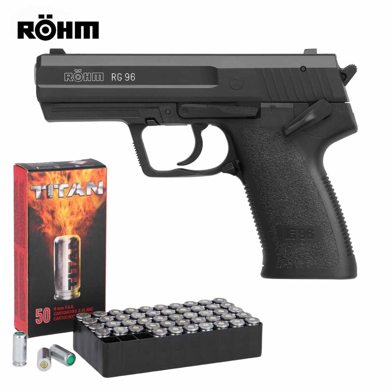 SET Röhm RG 96 Schreckschuss Pistole brüniert 9 mm P.A.K. (P18) + 50 Platzpatronen 9 mm P.A.K.