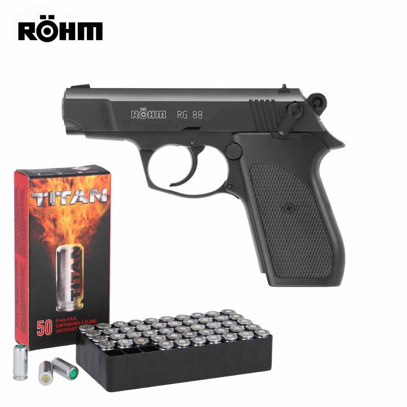 SET Röhm RG 88 Schreckschuss Pistole brüniert 9 mm P.A.K. (P18) + 50 Platzpatronen 9 mm P.A.K.