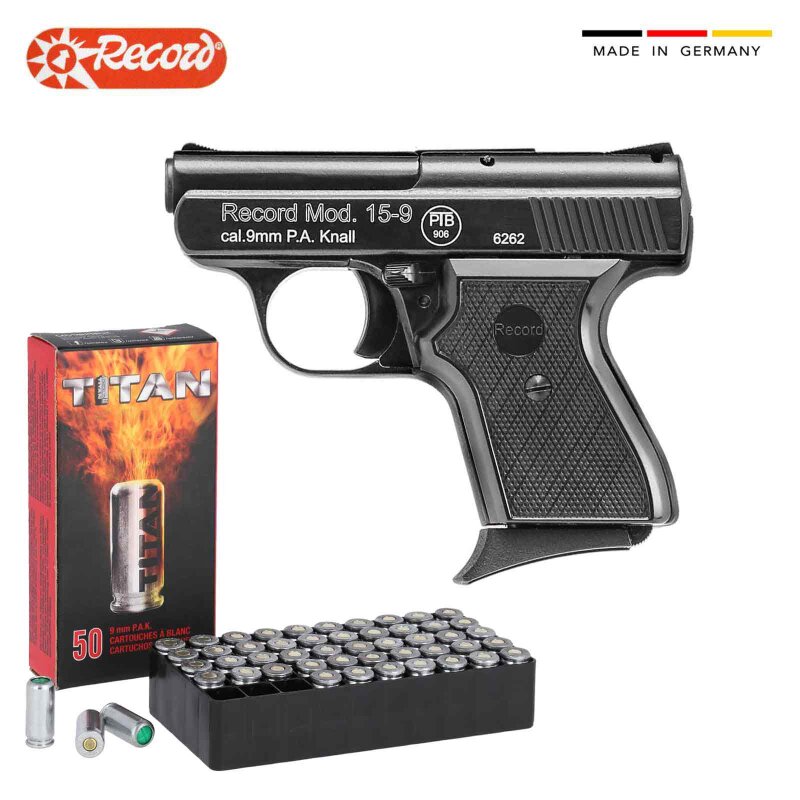 SET Record Modell 15-9 Schreckschuss Pistole brüniert 9 mm P.A.K. (P18) + 50 Platzpatronen 9 mm P.A.K.