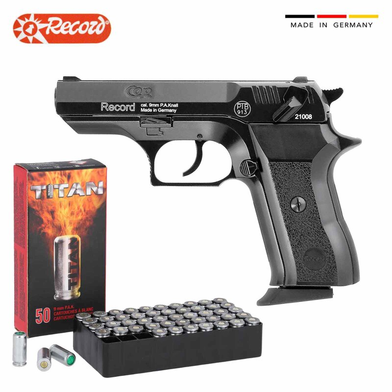 SET Record COP Schreckschuss Pistole brüniert 9 mm P.A.K. (P18) + 50 Platzpatronen 9 mm P.A.K.