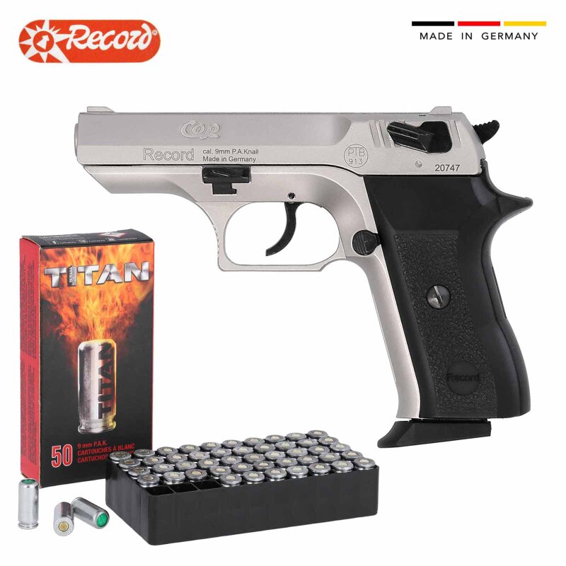 SET Record COP Schreckschuss Pistole metal-plate 9 mm P.A.K. (P18) + 50 Platzpatronen 9 mm P.A.K.