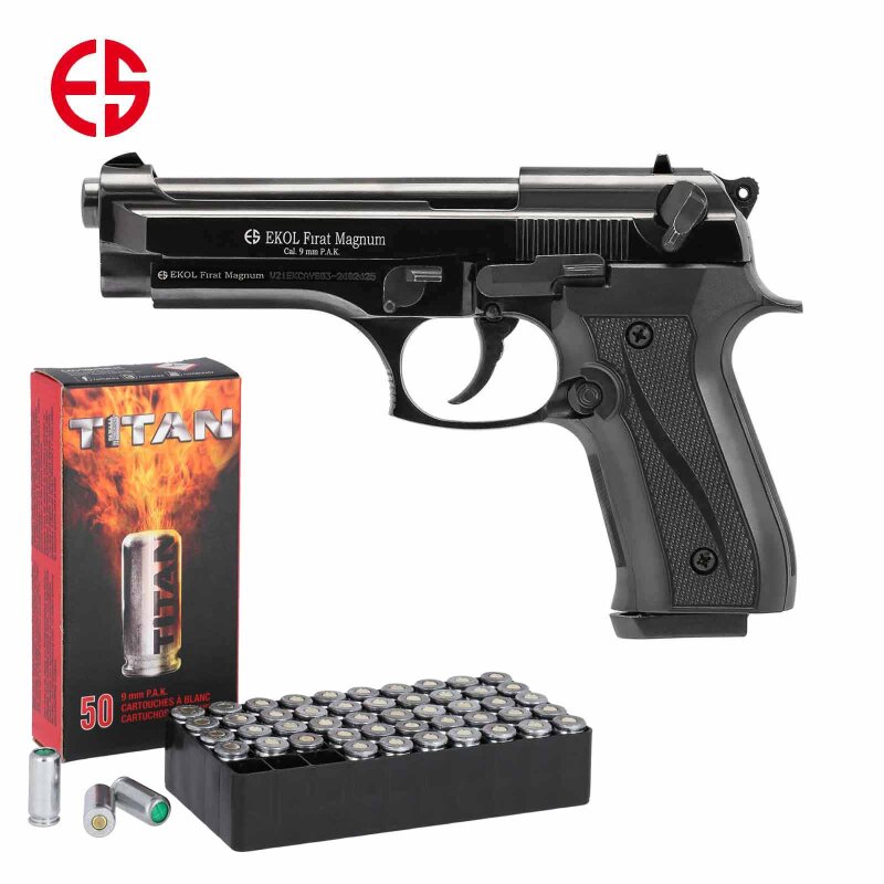 SET Ekol Firat Magnum Schreckschuss Pistole brüniert 9 mm P.A.K. (P18) + 50 Platzpatronen 9 mm P.A.K.