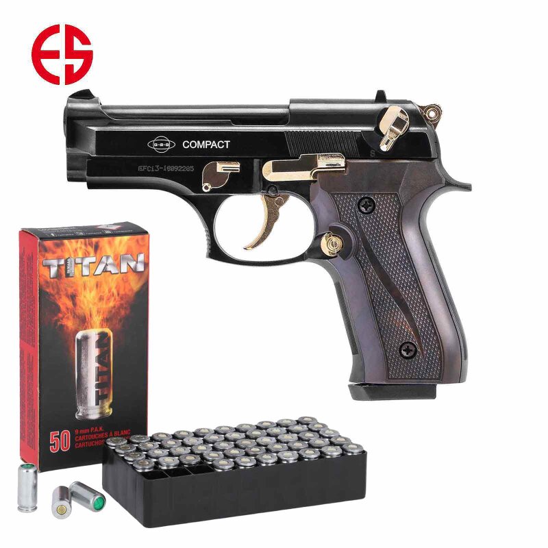 SET Ekol Firat Compact Schreckschuss Pistole Schwarz-Gold 9 mm P.A.K. (P18) + 50 Platzpatronen 9 mm P.A.K.