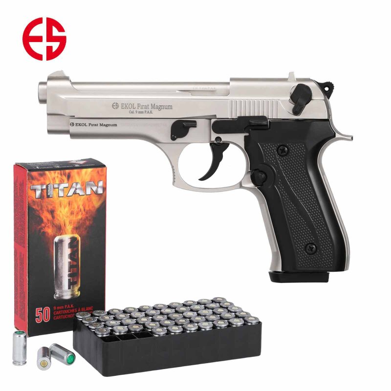 SET Ekol Firat Magnum Schreckschuss Pistole vernickelt 9 mm P.A.K. (P18) + 50 Platzpatronen 9 mm P.A.K.