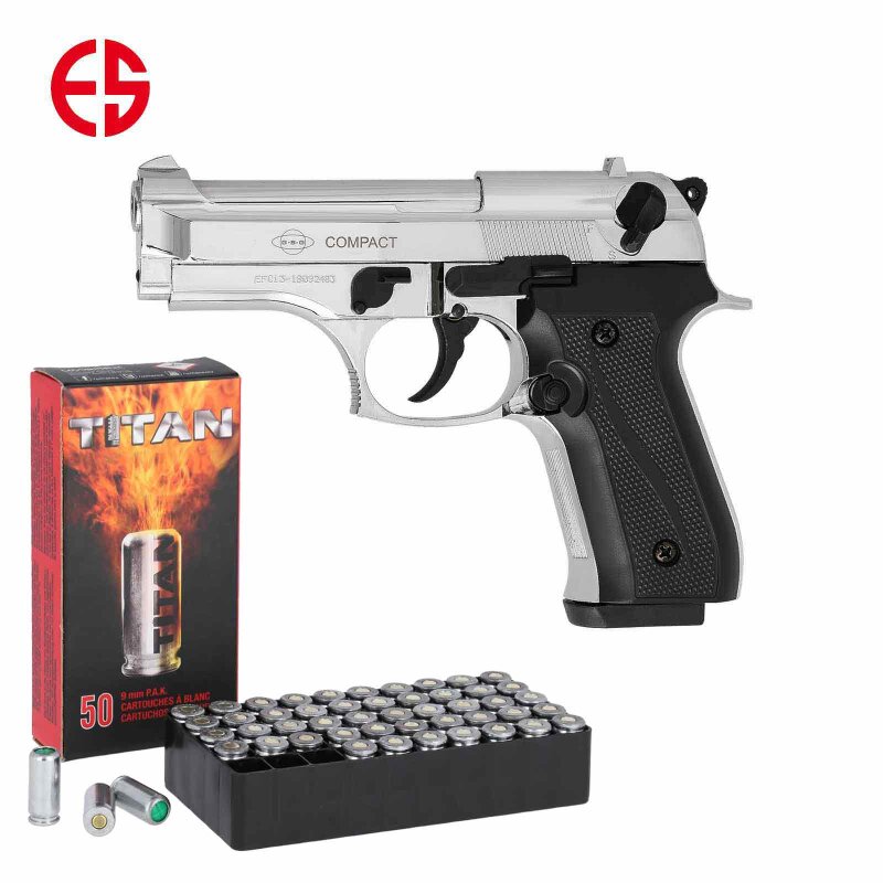 SET Ekol Firat Compact Schreckschuss Pistole Chrom 9 mm P.A.K. (P18) + 50 Platzpatronen 9 mm P.A.K.