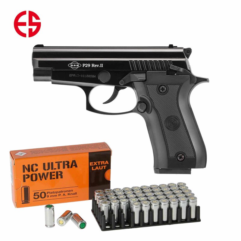 SET Ekol Firat P29 Rev. II Schreckschuss Pistole brüniert 9 mm P.A.K. (P18) + 50 Platzpatronen 9 mm P.A.K.