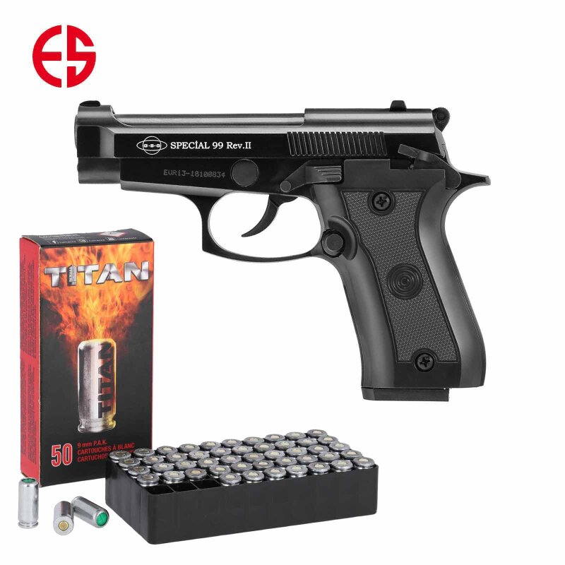SET Ekol Firat Special 99 Rev. II Schreckschuss Pistole brüniert 9 mm P.A.K. (P18) + 50 Platzpatronen 9 mm P.A.K.