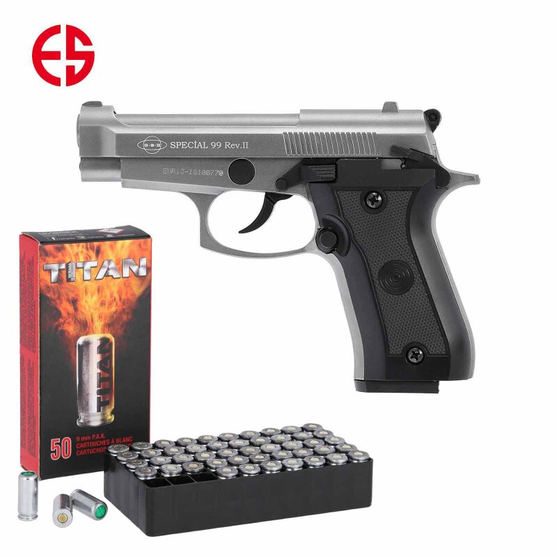 SET Ekol Firat Special 99 Rev. II Schreckschuss Pistole Titan 9 mm P.A.K. (P18) + 50 Platzpatronen 9 mm P.A.K.