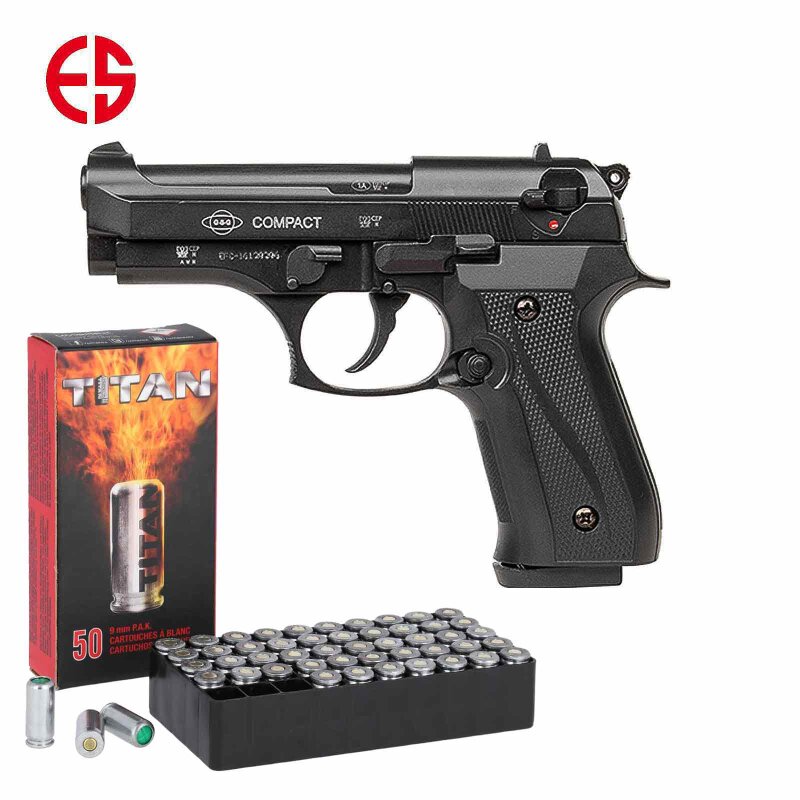 SET Ekol Firat Compact Schreckschuss Pistole brüniert 9 mm P.A.K. (P18) + 50 Platzpatronen 9 mm P.A.K.