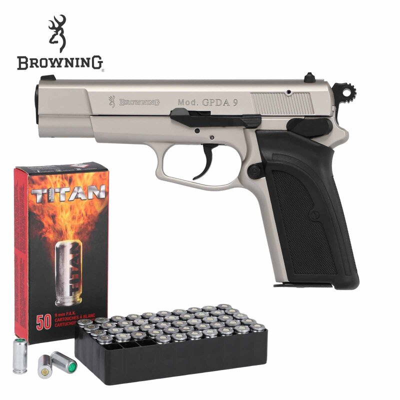 SET Browning GPDA 9 Schreckschuss Pistole Nickel 9 mm P.A.K. (P18) + 50 Platzpatronen 9 mm P.A.K.